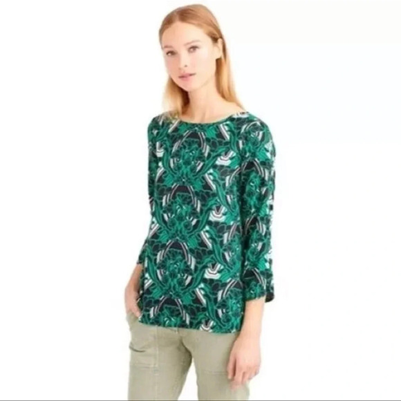 J. Crew Green Black Retro Floral Popover Blouse Top Women’s 2 Summer Business - Picture 2 of 15